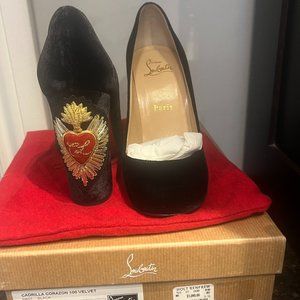 CHRISTIAN LOUBOUTIN, Cordilla Corazon, 100 Black Verlvet Pump, Size 37
